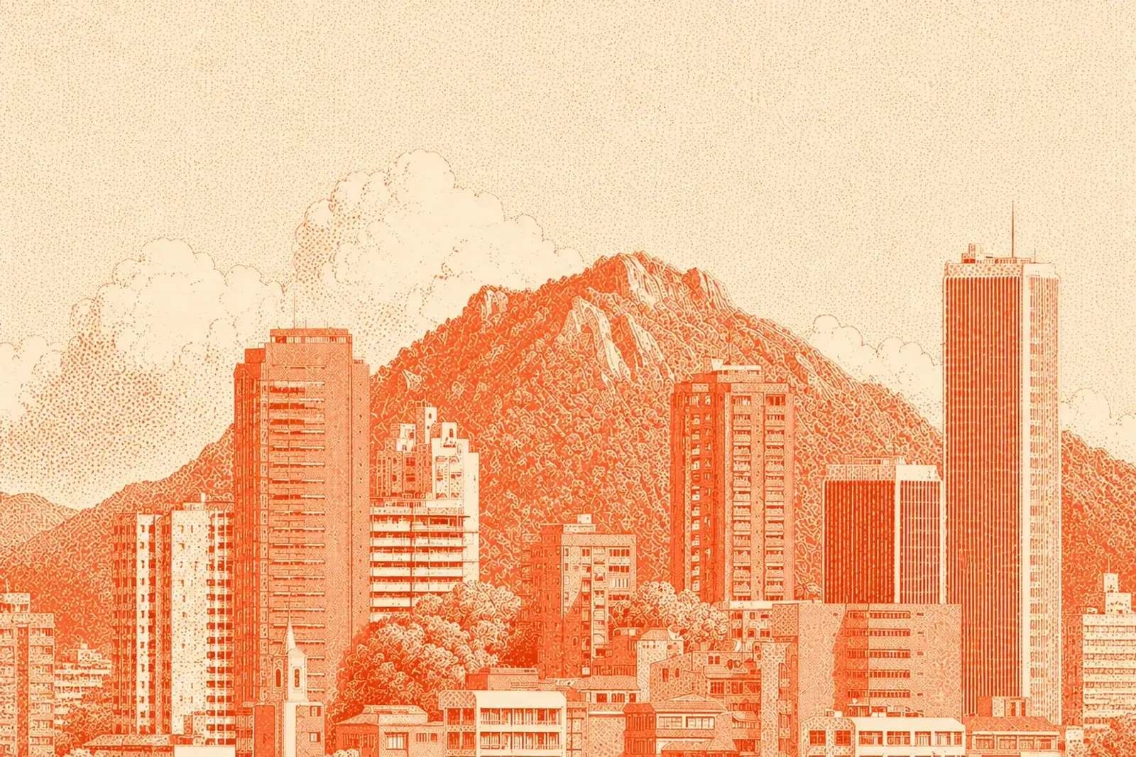Stipple engraving of a city rising against a mountain ridge, printed in vermillion on warm cream.