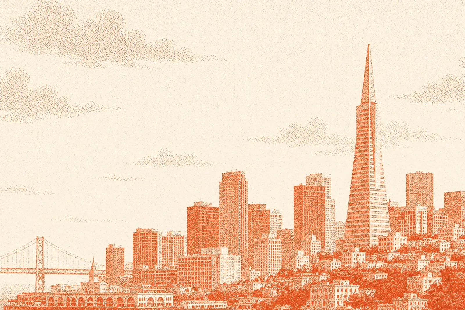 Stipple engraving of a city skyline with a tapering tower, printed in vermillion on cream.