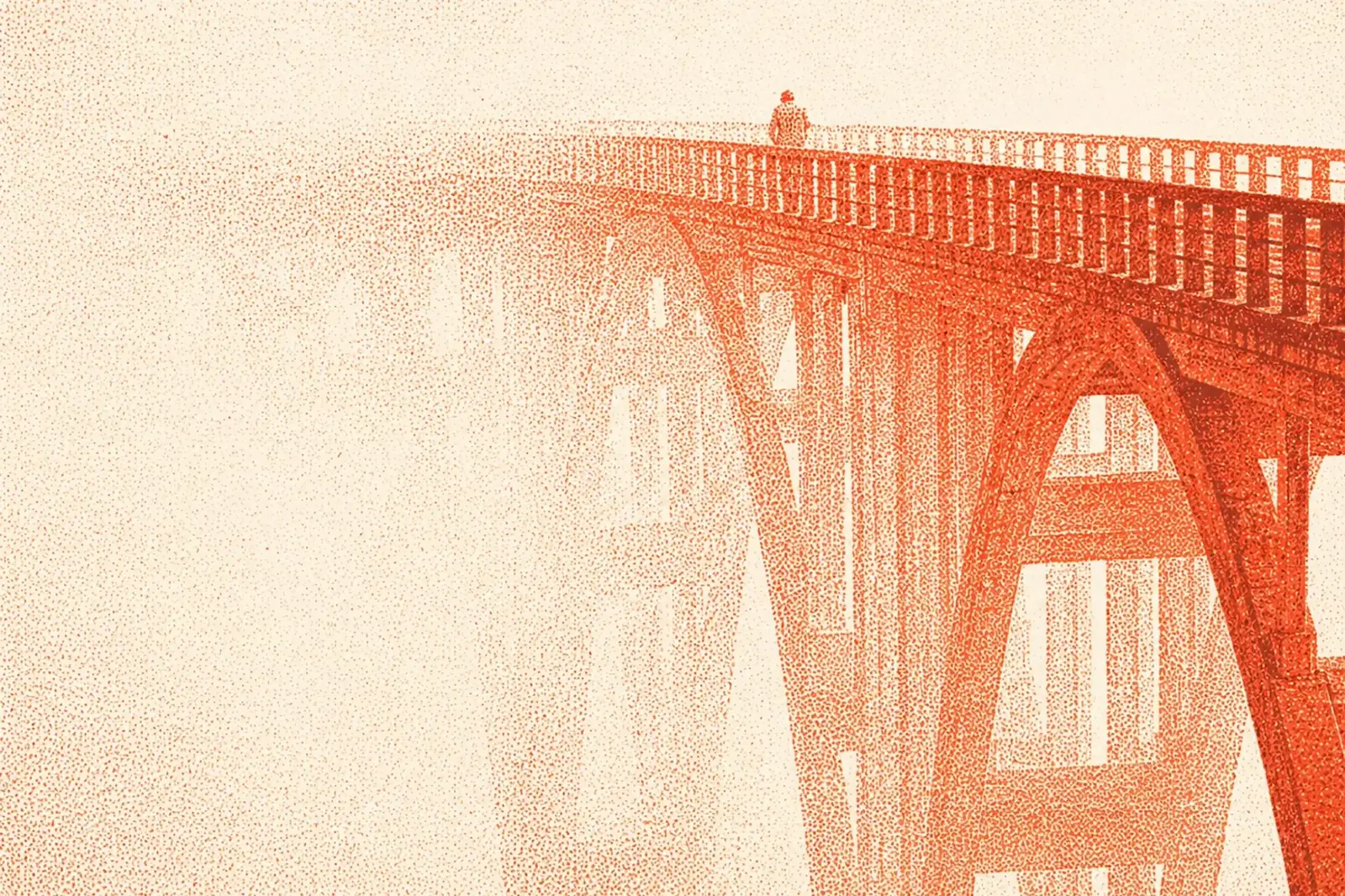 Stipple engraving of a bridge arch dissolving into fog, printed in vermillion on cream.